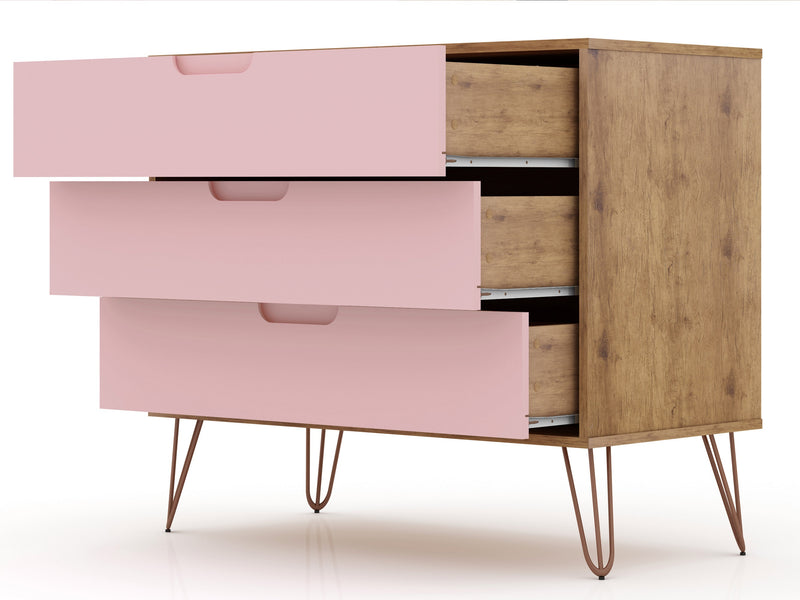 Commode Rockefeller de Manhattan Comfort de style moderne du milieu du 20e siècle avec 3 tiroirs - naturelle et rose