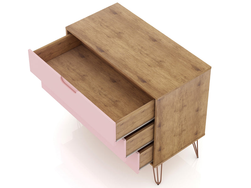 Commode Rockefeller de Manhattan Comfort de style moderne du milieu du 20e siècle avec 3 tiroirs - naturelle et rose