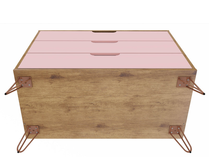 Commode Rockefeller de Manhattan Comfort de style moderne du milieu du 20e siècle avec 3 tiroirs - naturelle et rose