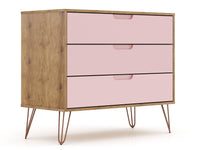 Commode Rockefeller de Manhattan Comfort de style moderne du milieu du 20e siècle avec 3 tiroirs - naturelle et rose