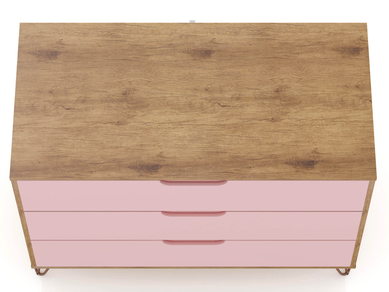 Commode Rockefeller de Manhattan Comfort de style moderne du milieu du 20e siècle avec 3 tiroirs - naturelle et rose