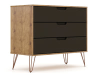 Commode Rockefeller de Manhattan Comfort de style moderne du milieu du 20e siècle avec 3 tiroirs - naturelle et gris texturé
