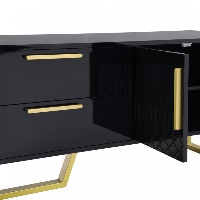 Steven 66.9\" Cabinet TV Sur Pieds avec Poignees et Pieds Dores, Noir