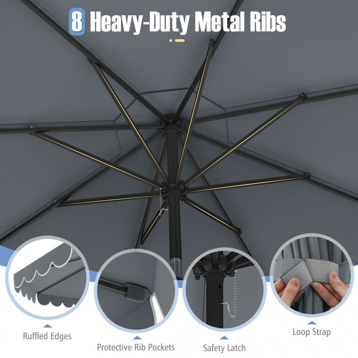 Parasol de patio Costway 10 FT avec reglage d'inclinaison a manivelle, bordures, haut ventile, 8 baleines, gris