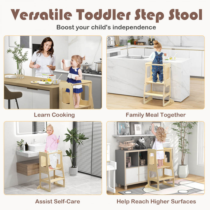 Costway 3-en-1 Cuisine Pliable Tour Debout Pour Tout-petits Avec Tableau A Crais Table De Sevrage Naturelle