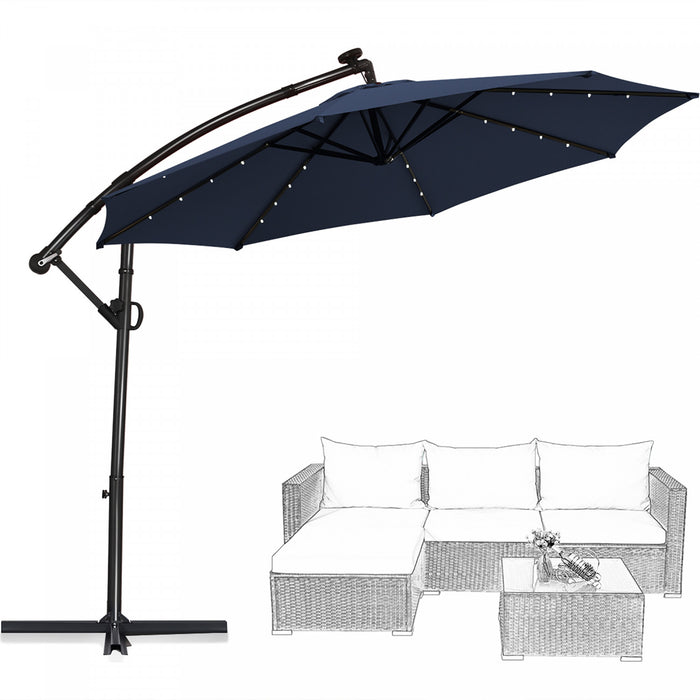 Costway Parasol deporte de patio de 10 pieds, alimente par energie solaire, LED, rotation a 360 degres, aluminium, bleu marine