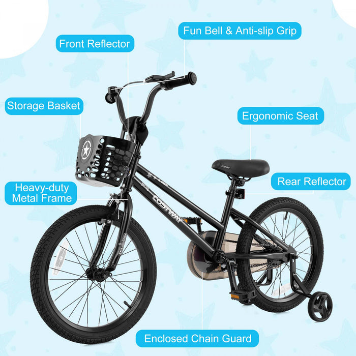 Costway 16\" Velo Pour Enfants Avec Roues D'entrainement Guidon Et Frein A Main Reglable Noir