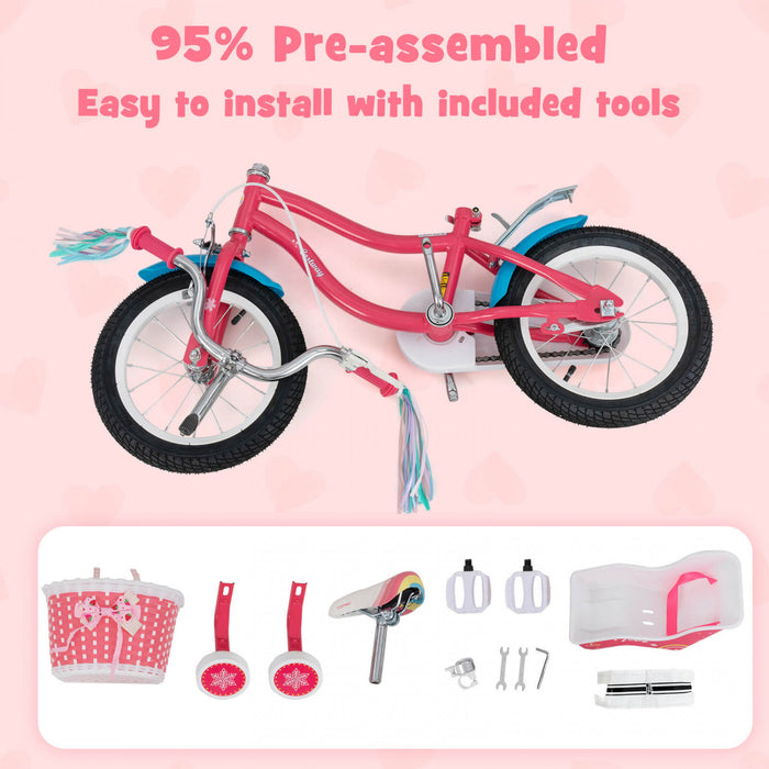 Costway 18\" Velo Pour Enfants De 4 A 8 Ans Avec Siege De Poupee Panier Et Streamers Colores Kickstand Rose