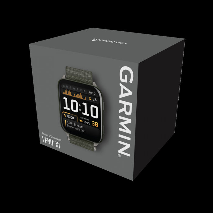 Montre intelligente Garmin Venu X1 Moss legere - Suivi exterieur, boitier en titane, bracelet ComfortFit, surveillance de la sante, commandes vocales, stockage de musique