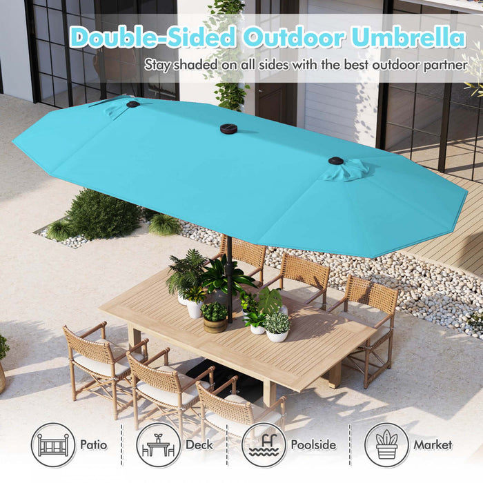 Parasol double face Costway 13 pieds avec lumiere solaire, manivelle et base de parasol turquoise
