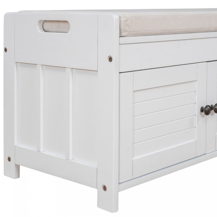 Banc De Rangement Olivia En Pin Avec Meuble A Chaussures 3 Portes Et Compartiment Cache, Blanc
