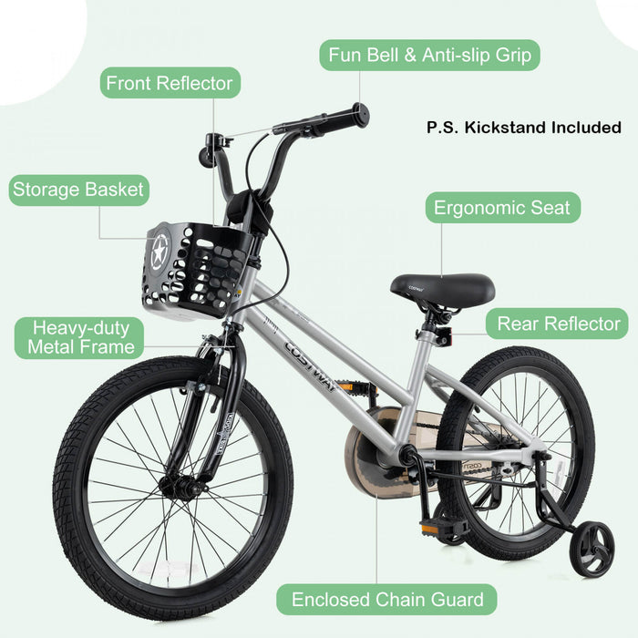 Velo Costway 18\" Pour Enfants Avec Roues D'entrainement Guidon Reglable Et Sliver De Frein A Main Du Siege