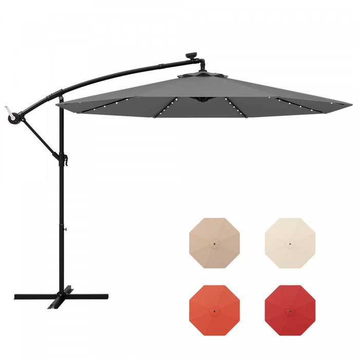 Parasol deporte solaire LED Costway 10 pieds avec 40 lumieres, manivelle et base croisee gris