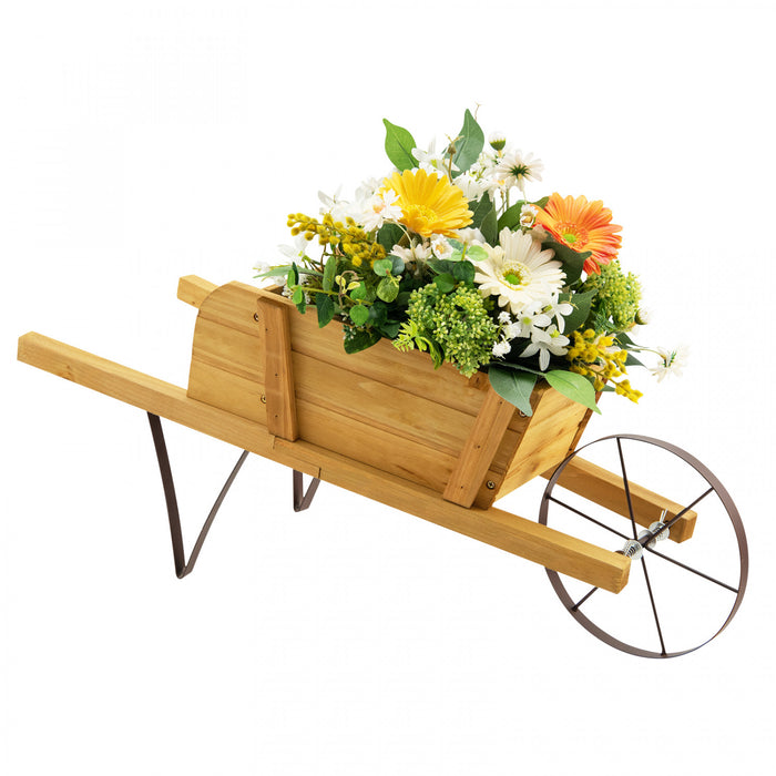 Chariot De Fleur Rustique Interieur/exterieur Decoratif De Planteur De Wagon En Bois Costway Avec Roue Beige