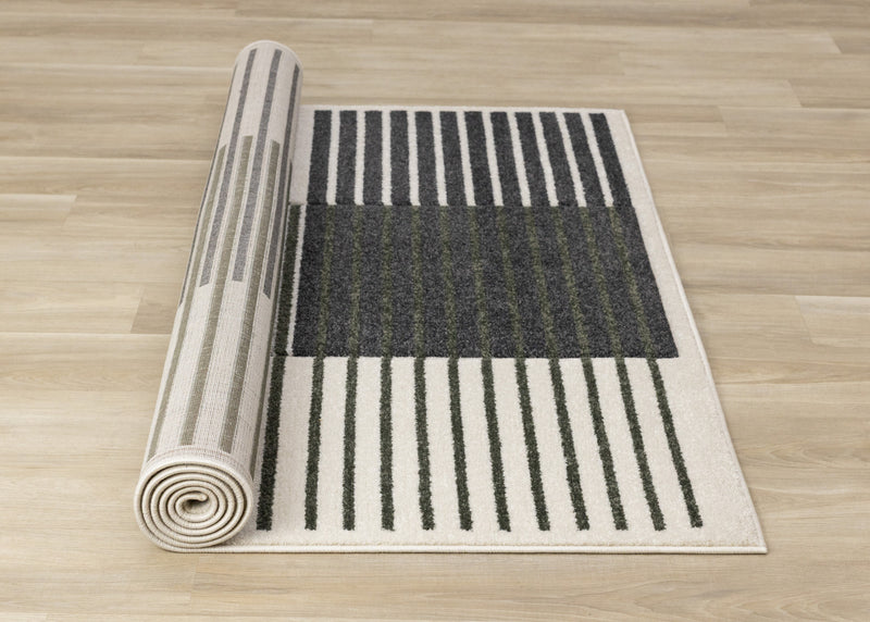 Tapis Maverick vert, noir et blanc a rayures modernes, 7'10\" x 10'6\"