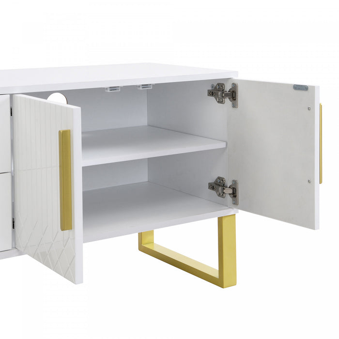 Steven 66.9\" Cabinet TV Sur Pieds avec Poignees et Pieds Dores, Blanc