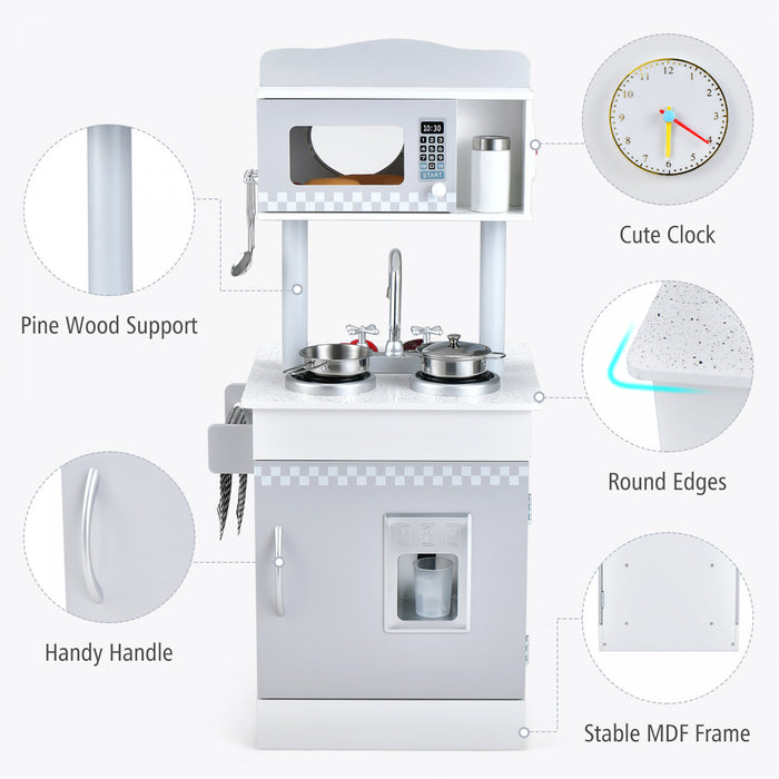 Jeu De Cuisine Pour Enfants Double-face, Ensemble De Jeu De Role 2-en-1 Avec Accessoires, Cuisiniere Et Evier, Distributeur De Glace, Jeu De Cuisine En Bois Pour Role-play, Pour Garcons Et Filles De 3 Ans Et Plus, Blanc