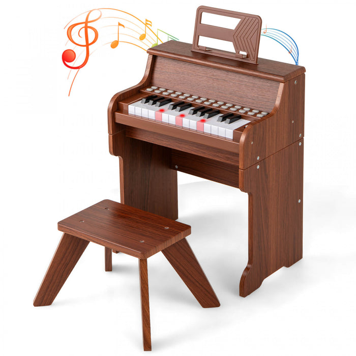 Costway Piano Numerique 25 Touches avec Pupitre, Tabouret, Touches Retroeclairees et Mode Enseignement pour Enfants des 3 Ans - Marron