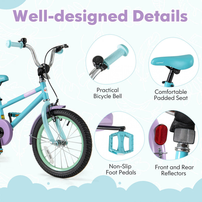 Costway 16\" Velo Pour Enfants Avec Guidon Reglable De Selle Roues D'entrainement Amovibles Frein A Main Bleu