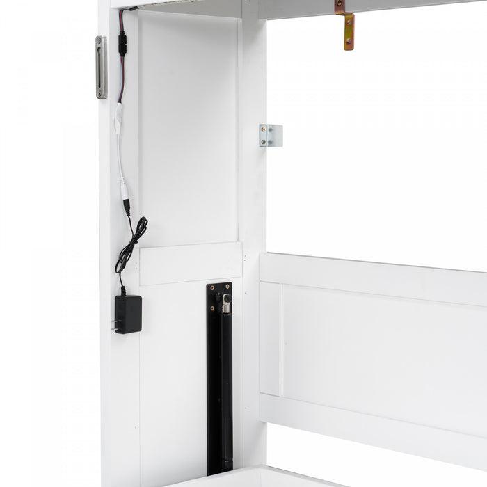 Lit escamotable Olivia en bois massif avec lumiere LED et armoire pliante, taille simple, blanc