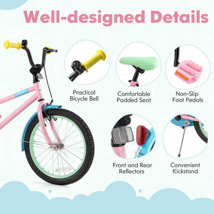 Costway 18\" Velo Pour Enfants Avec Guidon De Selle Reglable Roues D'entrainement Amovibles Frein A Main Rose