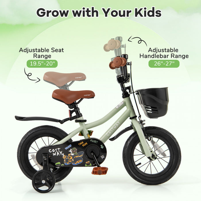 Costway 12\" Velo Pour Enfants Avec Roues D'entrainement Guidon Reglable Et Frein A Main Du Siege Vert