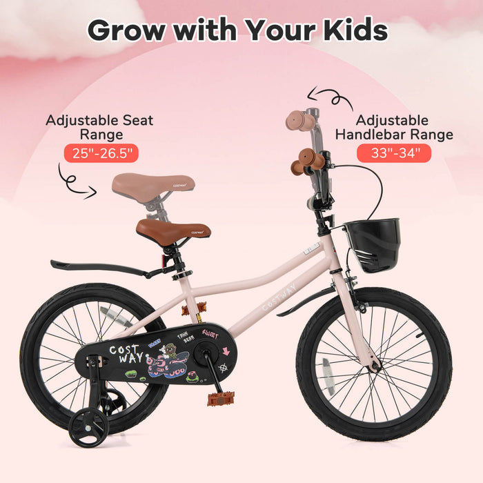 Costway 18\" Velo Pour Enfants Avec Roues D'entrainement Guidon Reglable Et Frein A Main De Siege Rose
