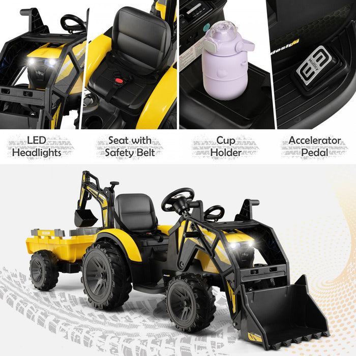 3-en-1 Enfants Montent Sur Bulldozer D'excavateur 12v Tracteur Electrique A Distance W / Remorque Jaune