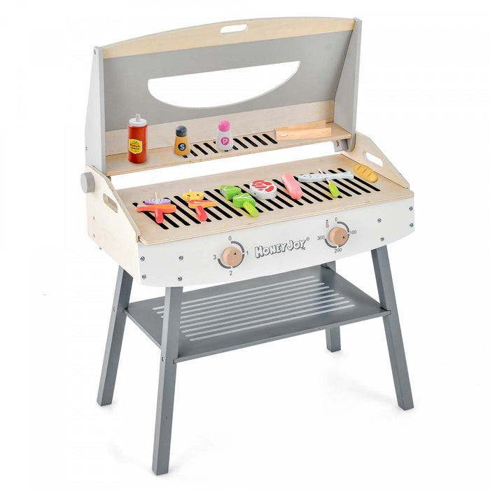 Ensemble De Barbecue De Jeu En Bois Pour Enfants, Barbecue Jouet Bbq Avec 17 Ustensiles De Grill En Bois Et Nourriture De Jeu, 4 Pieds En Bois Massif, Jeu De Cuisine D'imitation Pour Usage Interieur Et Exterieur, Cadeau Pour Garcons Et Filles De Plus De 3 Ans