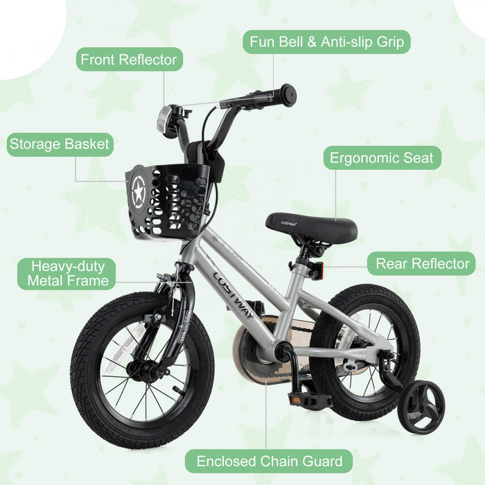 Costway 14\" Velo Pour Enfants Avec Roues D'entrainement Guidon Reglable Et Frein A Main De Siege Argent