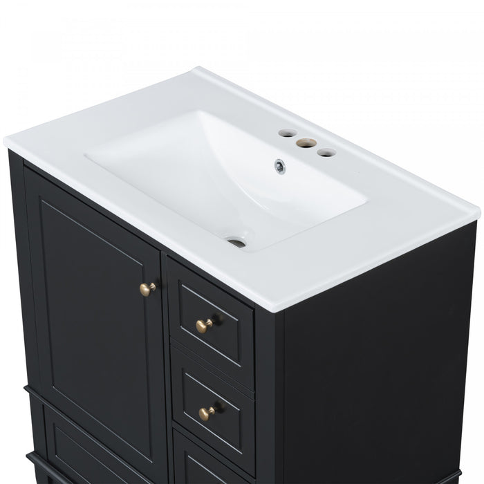 Emma Meuble-lavabo en bois massif de 30\" avec vasque en ceramique et porte a fermeture douce, Noir