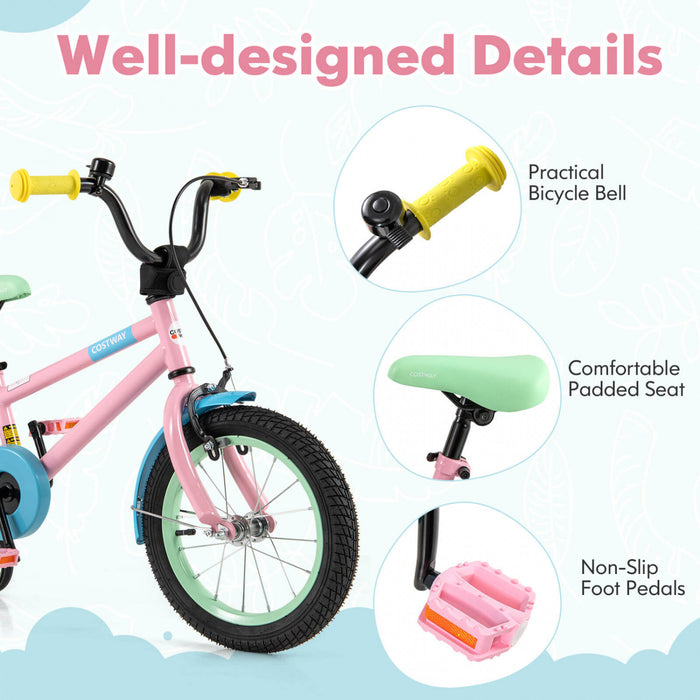 Costway 14\" Velo Pour Enfants Avec Guidon Reglable De Selle Roues D'entrainement Amovibles Frein A Main Rose