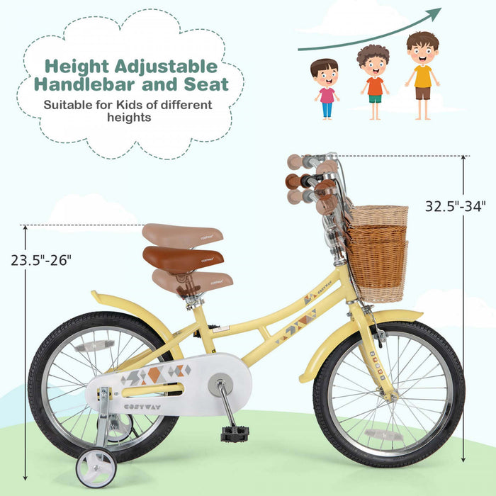 Costway 18\" Velo Enfants Avec Guidon Reglable En Hauteur Siege Panier Cloche Roues D'entrainement Jaune