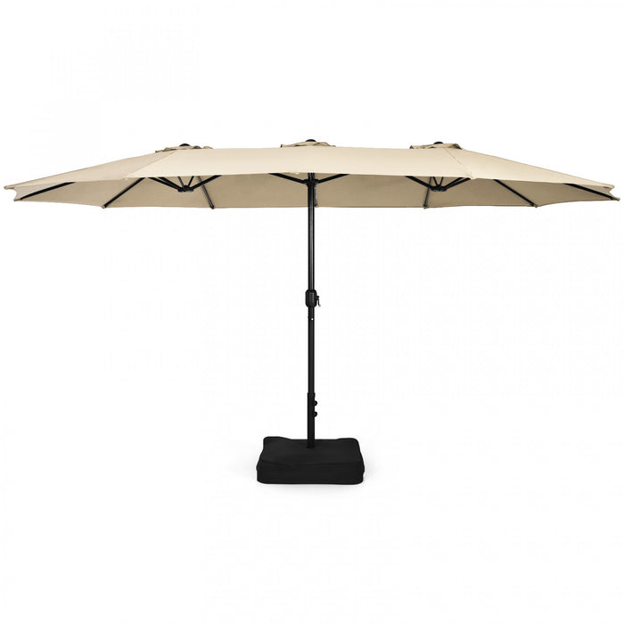 Parasol de patio jumeau double face Costway de 15 pieds, marche exterieur avec manivelle et base beige