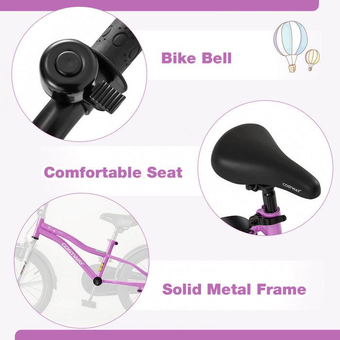 Costway 16\" Velo Pour Enfants Pour Garcons Et Filles De 4 A 7 Ans Avec Reflecteurs De Frein A Main Reglables Violet