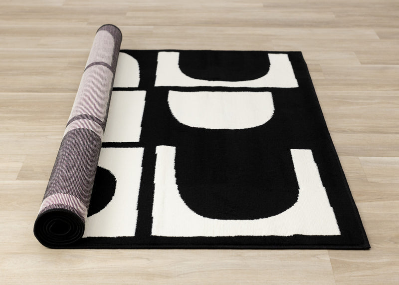 Motif geometrique dynamique noir et blanc Florence, 5'3\" x 7'4\"