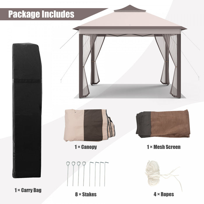 Costway 11’x11’ 2-tier Pop-up Tente Gazebo Abri A Canopy Portatif Sac De Transport Mesh Beige