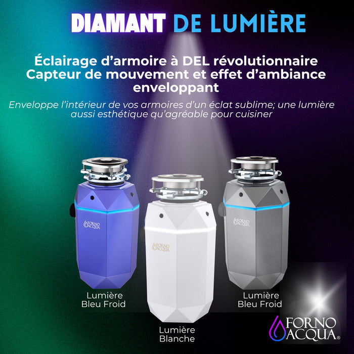 BrightDIAMOND 1HP Broyeur ultra-silencieux, DEL sous armoire, cordon/interrupteur, Blanc- WDD100TA1BO