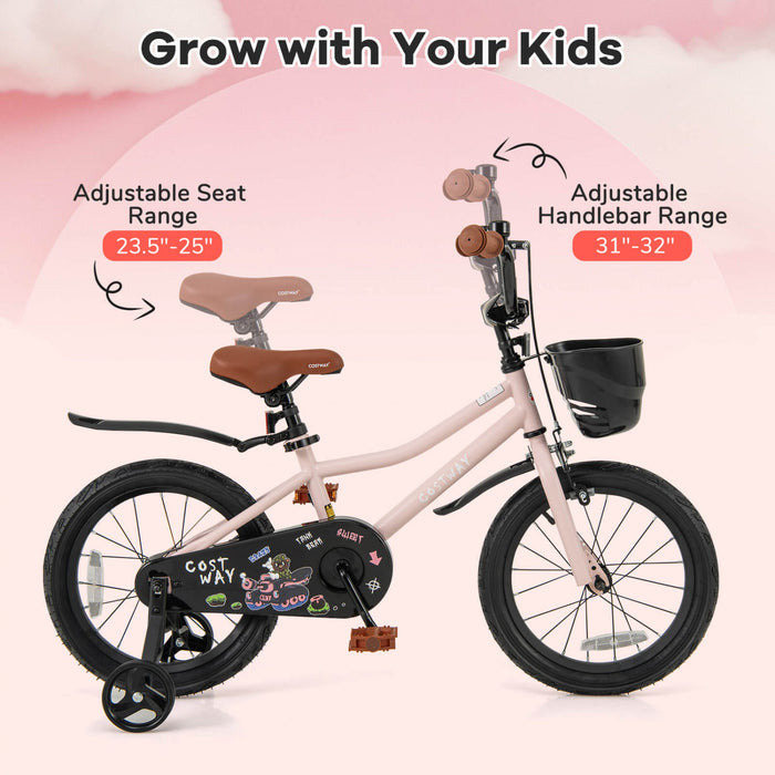 Costway 16\" Velo Pour Enfants Avec Roues D'entrainement Guidon Reglable Et Frein A Main De Siege Rose