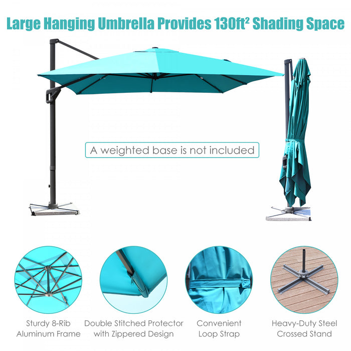 Costway Parasol cantilever 10'x13' pour terrasse, aluminium, rotation 360°, inclinable, turquoise