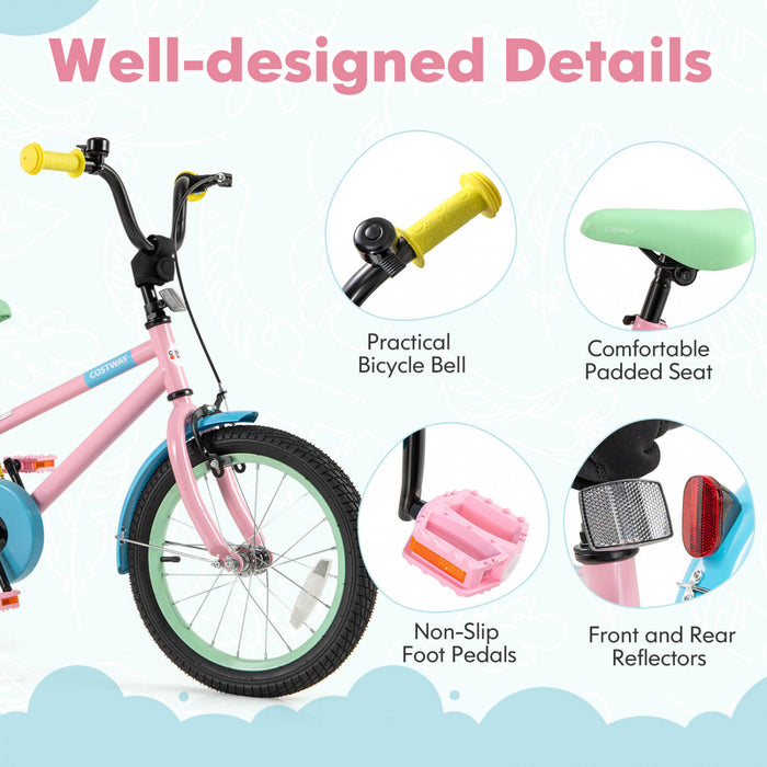 Costway 16\" Velo Pour Enfants Avec Guidon Reglable De Selle Roues D'entrainement Amovibles Frein A Main Rose