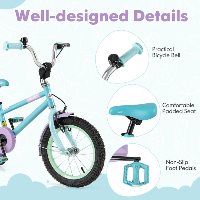 Costway 14\" Velo Pour Enfants Avec Guidon Reglable De Selle Roues D'entrainement Amovibles Frein A Main Bleu