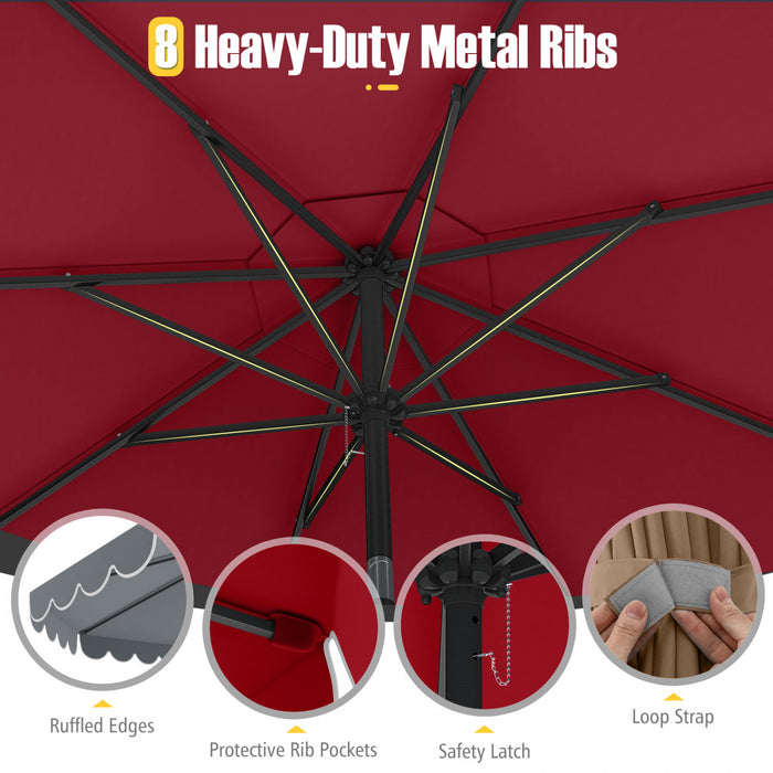Parasol de patio Costway 10 FT avec reglage d'inclinaison a manivelle, bordures, haut ventile, 8 baleines, rouge