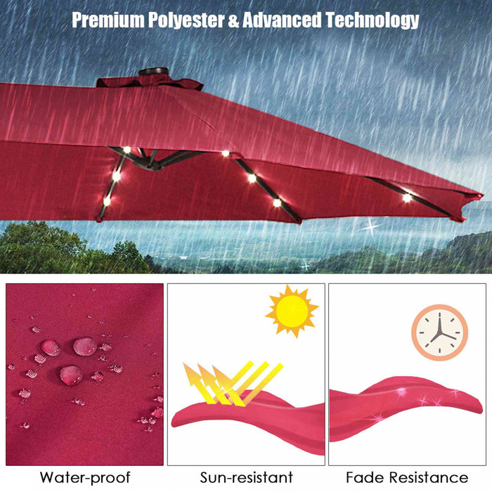 Costway Parasol de marche double-face solaire LED 15Ft Patio avec manivelle pied Bourgogne