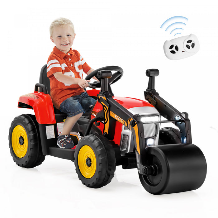 Costway Enfants Rouler Sur La Route Rouleau 12v Tracteur Electrique A Distance W / Musique & Led Lumiere Rouge