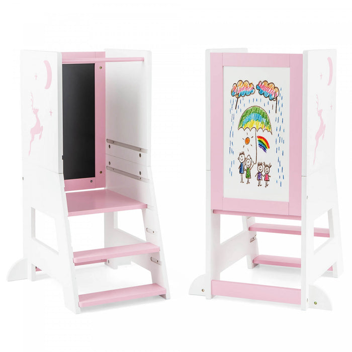 Costway Tout-petit Enfant Tabouret De Cuisine Aidant Bebe Tour Debout Avec Tableau Et Tableau Blanc Rose