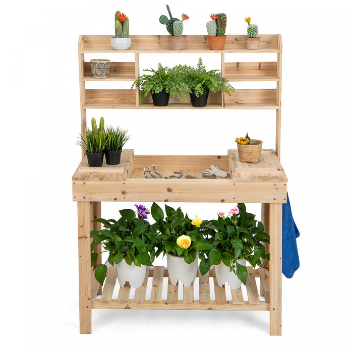 Table Pour Plante En Bois Avec Plateau Rabattable, Etageres Et 3 Crochets, Table De Rempotage Pour Serre / Jardin / Terrasse, Table De Jardinage, Capacite De Charge 150 Kg, 110x50x153cm