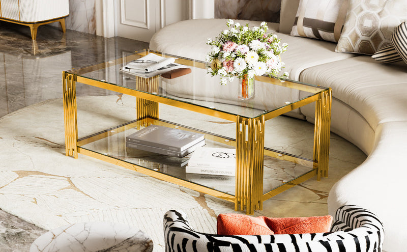 Aria Table Basse Rectangulaire Moderne 47.5 po avec Cadre Asymetrique Dore et Plateau Verre, Transparent