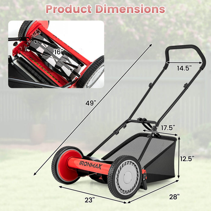 Ironmax 16 \"pousser Tondeuse A Gazon Avec 5-lame 6,9 Gallons Amovible Grass Catcher Pour Jardin Rouge