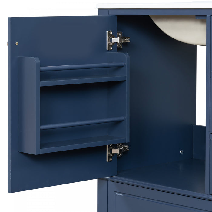 Emma Meuble-lavabo en bois massif de 30\" avec vasque en ceramique et porte a fermeture douce, Bleu